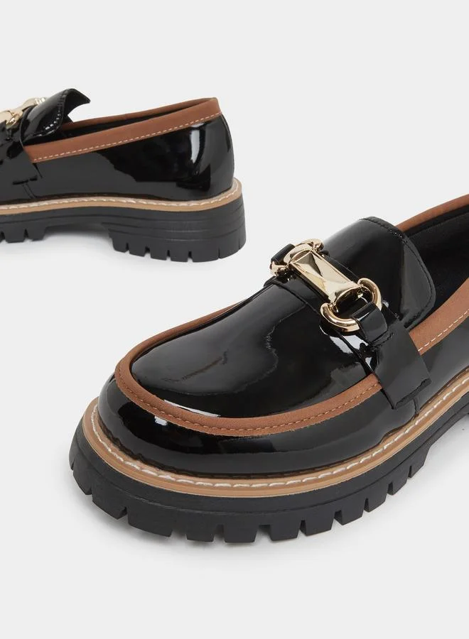 Take Two  Black Metal Buckle Detail Thick Sole Platform Loafers for Women | Best Price UAE